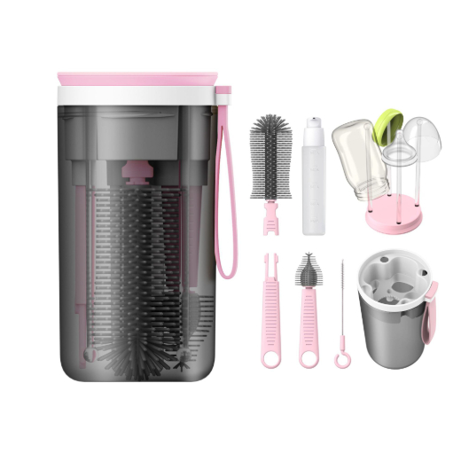 Imagem Kit Escova Higiene Lavar 4 em 1 para Copo, Garrafa, Mamadeira Portátil Viagem de Silicone e Suporte