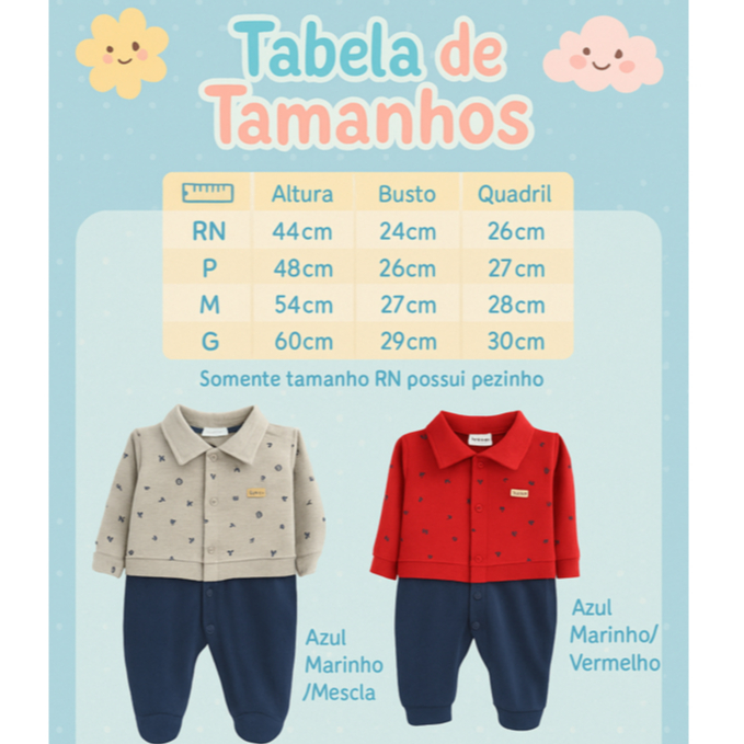 Macacão Bebê Masculino Manga Longa Malha 100% Algodão
