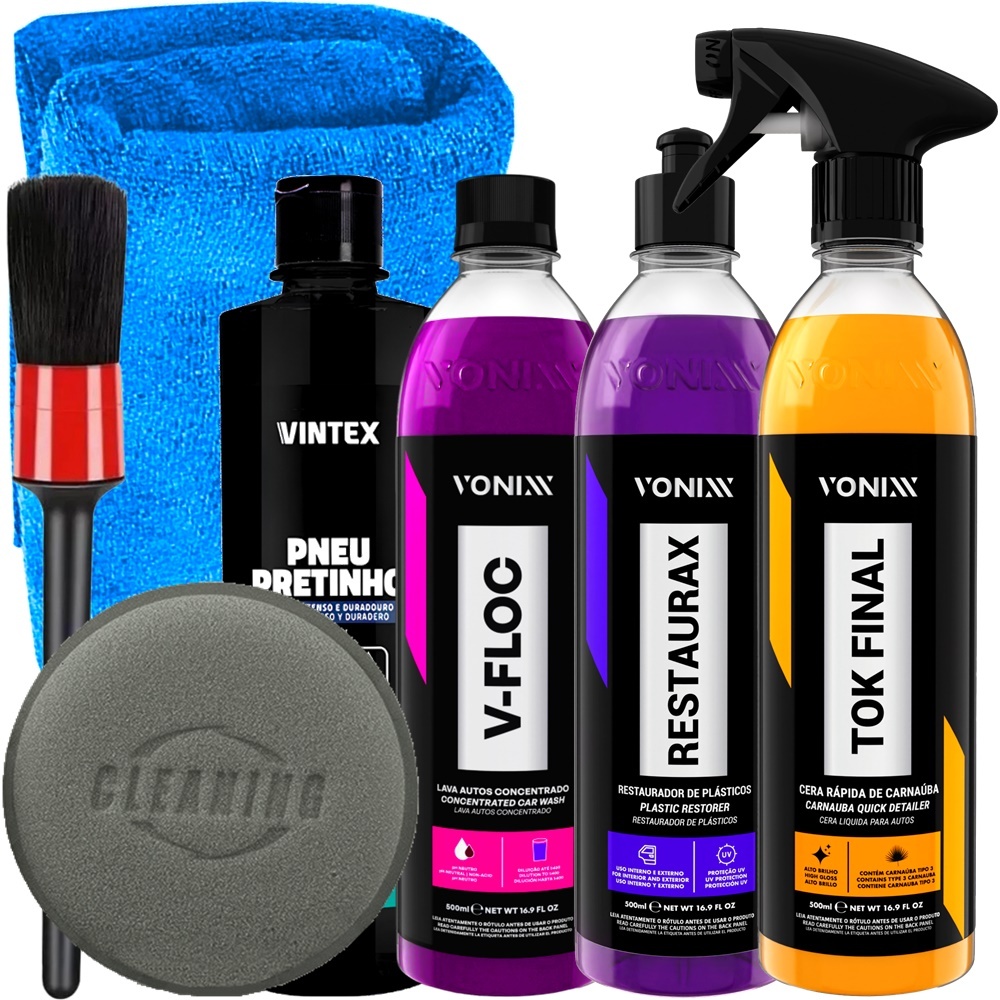 Kit Vonixx Lava Autos Shampoo V-Floc Restaurax Cera Tok Final Pretinho Pneu Pincel Detalhamento Aplicador Toalha