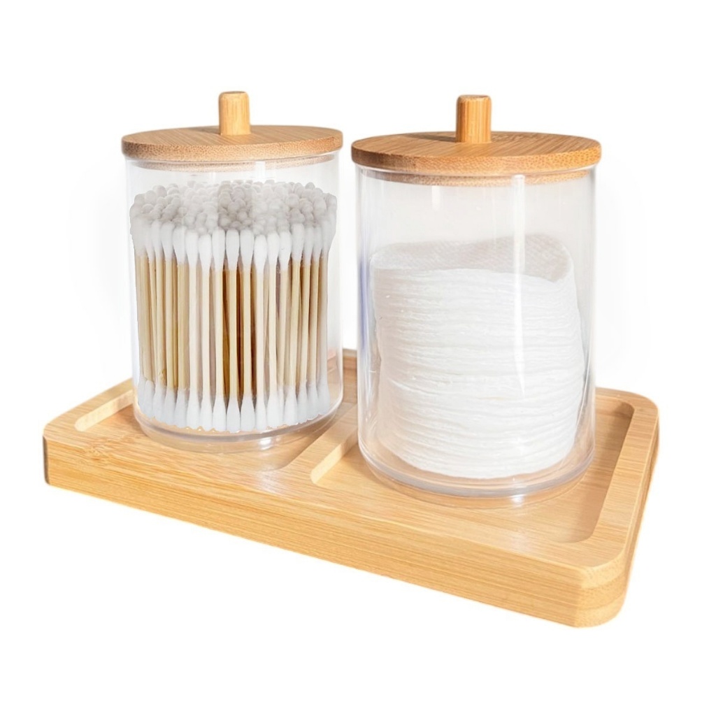 Kit Porta Cotonete Algodão Bambu Lavabo Com Bandeja Organizadores de bancada Acrilico Tran...