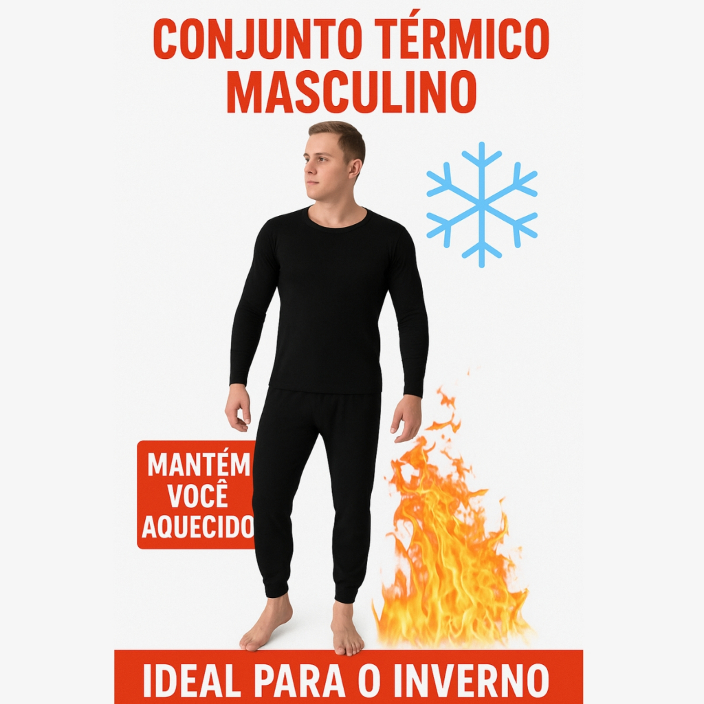Conjunto Segunda Pele Termico Masculino Flanelado Pelucia Forrada Atoalhado Preto Frio Inverno