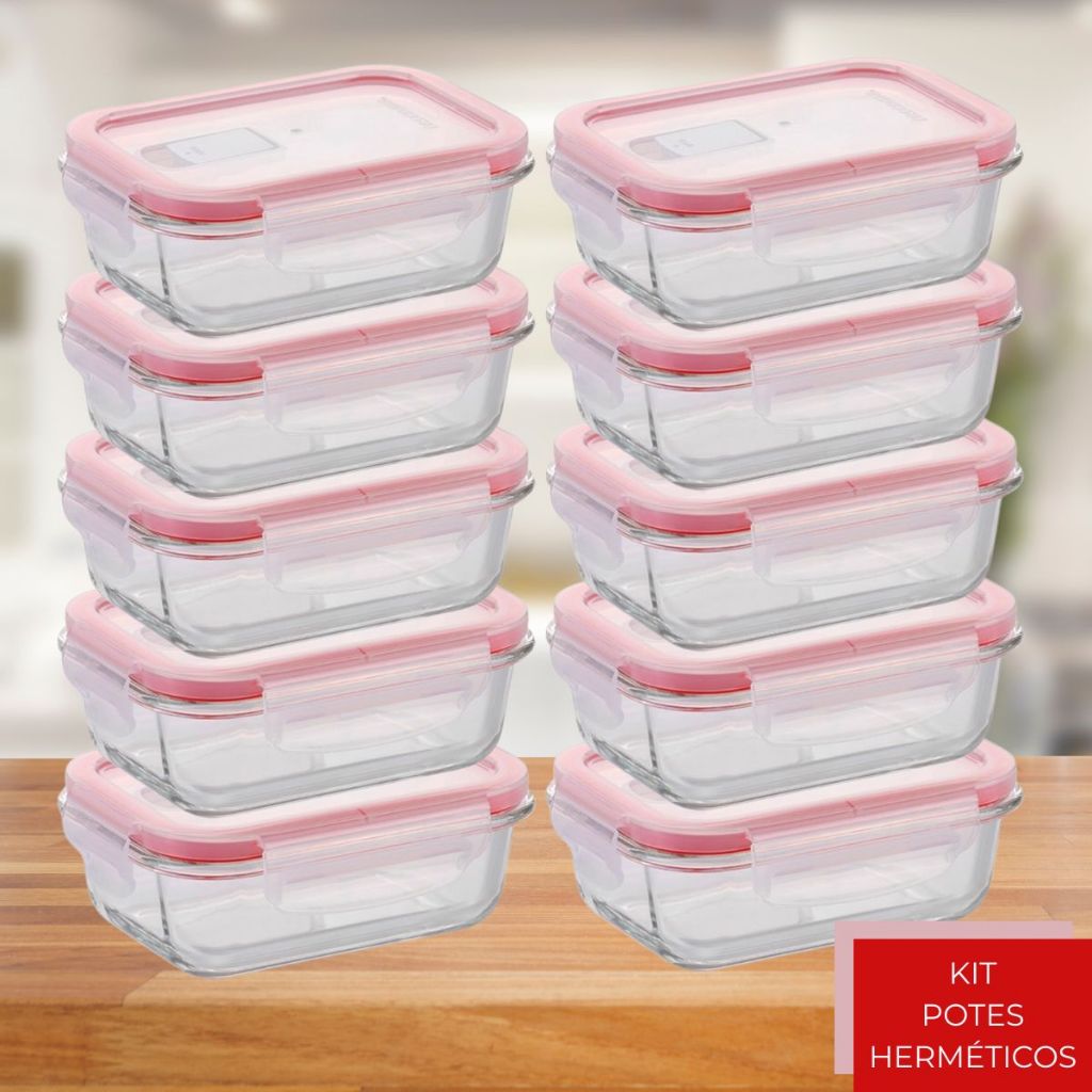 Kit  ATÉ 12 Potes Herméticos 640ml OU 370ml Vidro 4 Travas Marmita Tampa de Respiro para Microondas Resistente