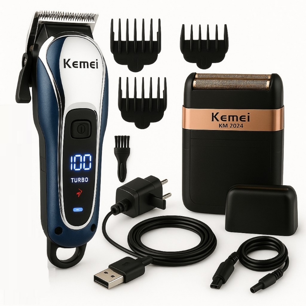 Kit Kemei 2024+1995 Barbeador Elétrico Máquina Cortar Cabelo Barba Profissional Recarregável USB