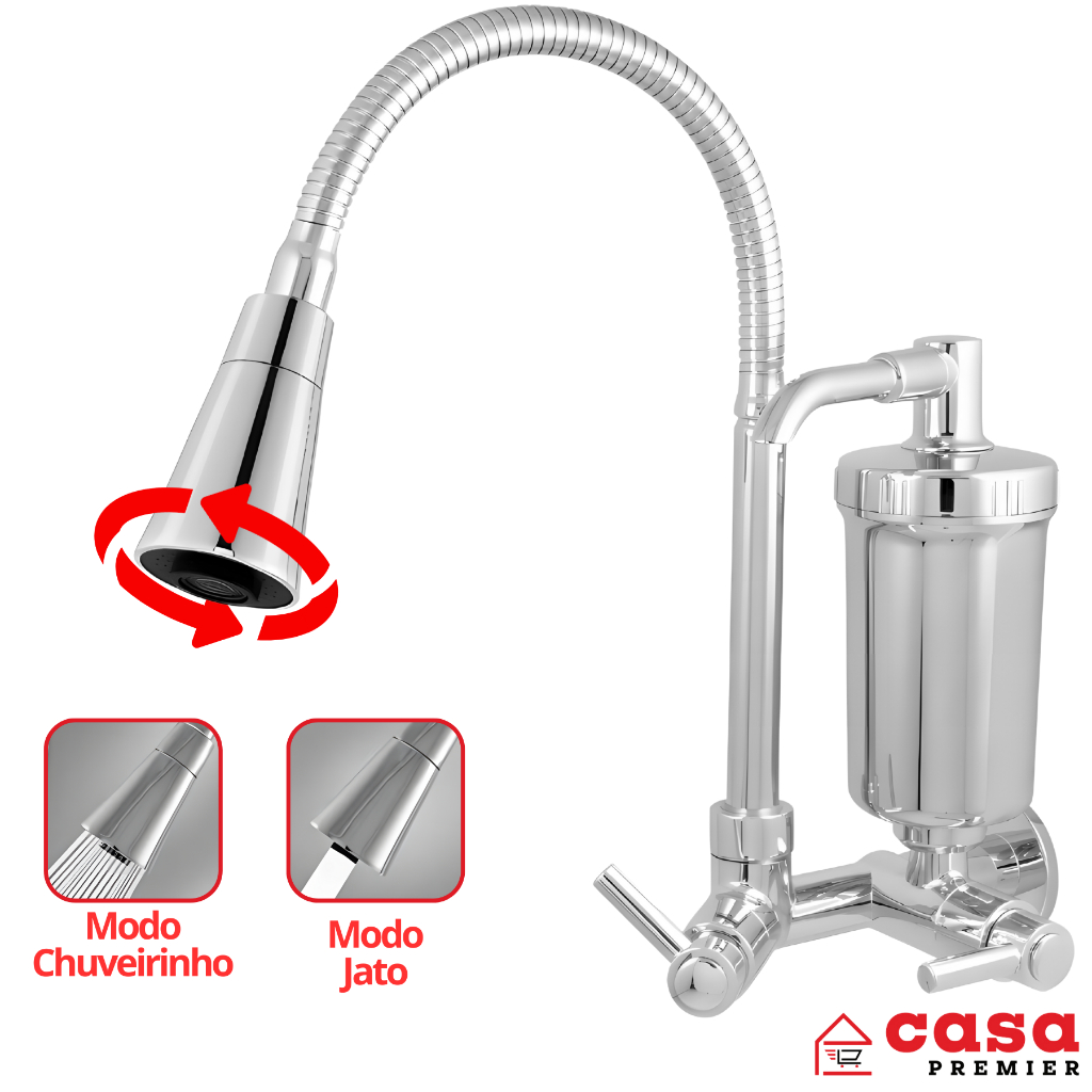 Torneira Cozinha Filtro Flexível Parede Luxo Jato Duplo Cone Cromado