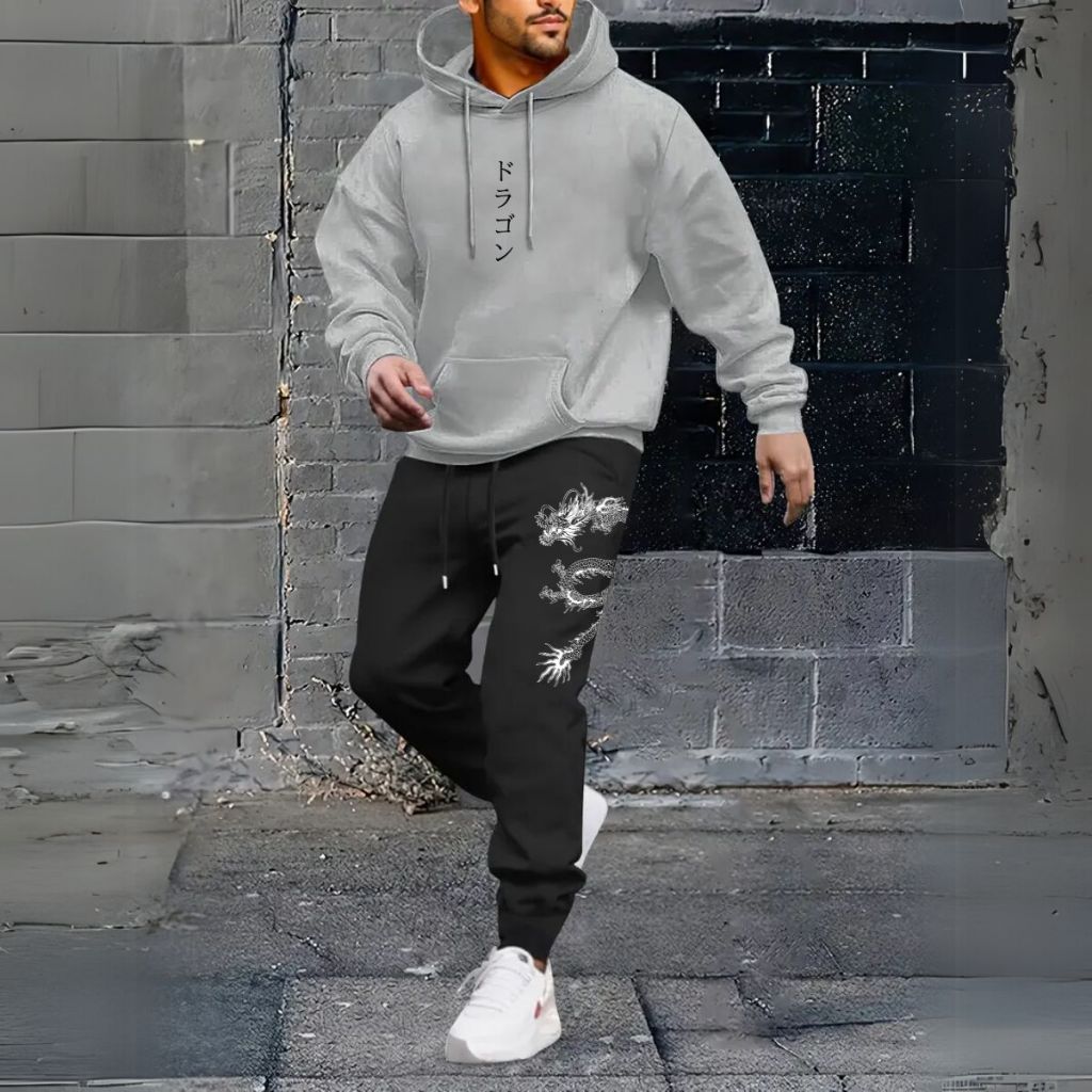 Conjunto Moletom C/Capuz + Calça Moletom Estiloso Dragão Moda Inverno Masculino  Tecido Flanelado Com Ribanas Nos Punhos
