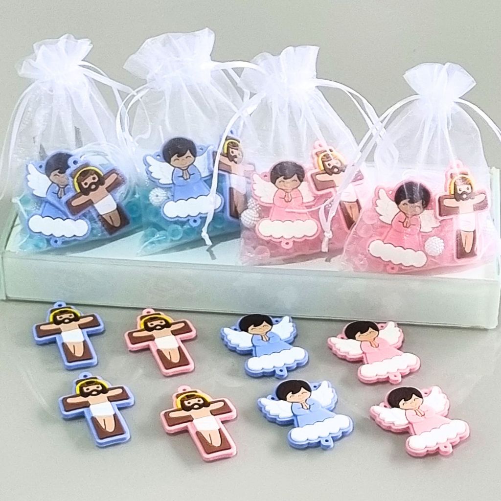 Kit Para Montagem de 4 Terço Infantil Emborrachado Miçanga Menino Menina Batizado Casamento Lembrancinha Religioso