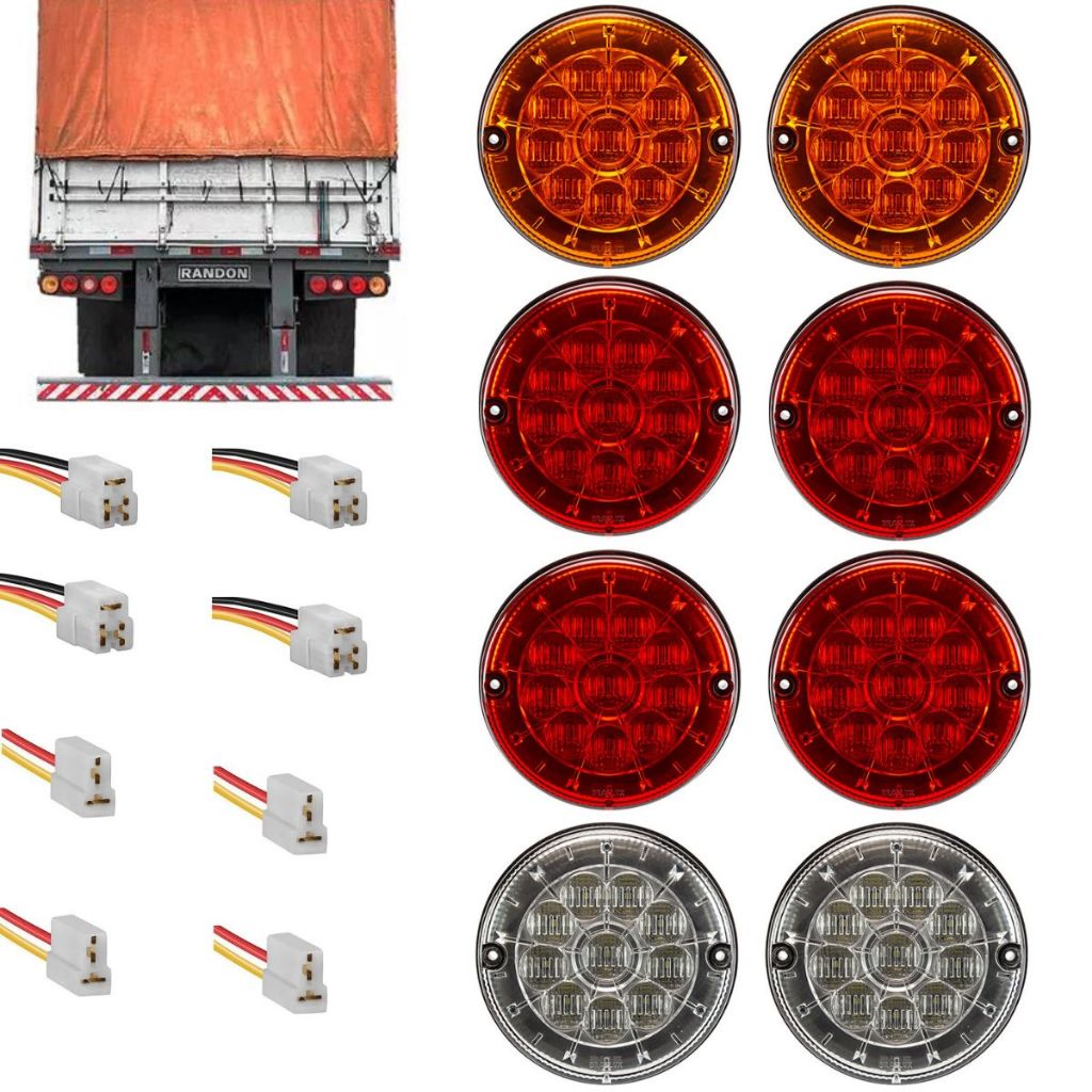 Kit 8 Lanterna Traseira Onibus Caminhão Carreta Randon Led 125MM 24VTS C/Chicote