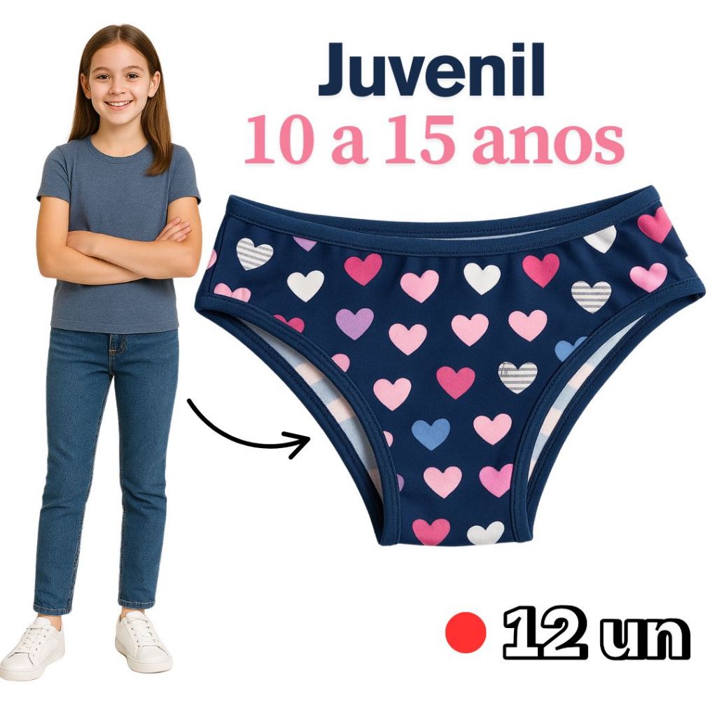 Kit 12 Calcinhas Juvenil Para Adolescente até 15 Anos Forro 100% Algodão