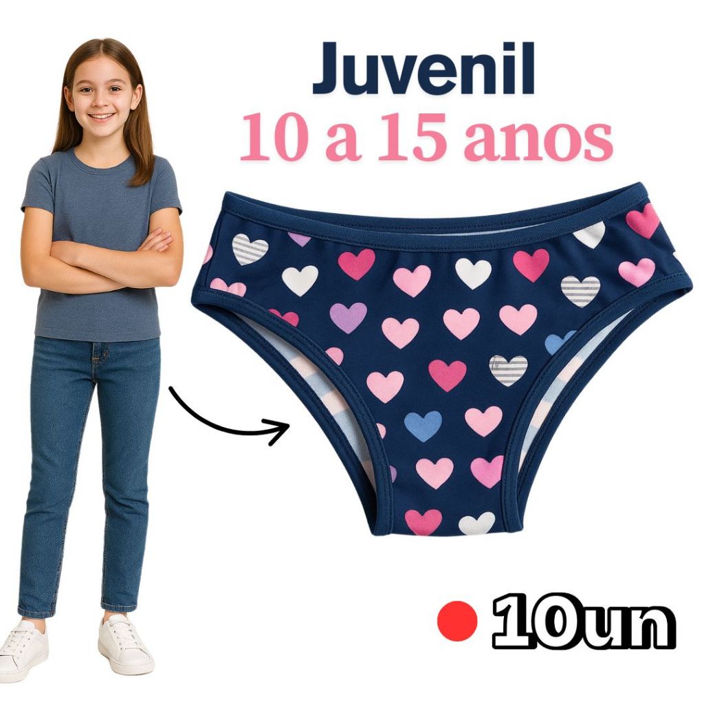 Kit 10 Calcinhas Juvenil Para Adolescente até 15 Anos Forro 100% Algodão em Oferta na Shopee
