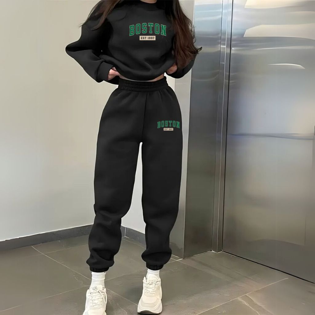 Conjunto Moletom Gola Rendonda + Calça Flanelados Estampado Boston Est Quentinho Casual Unissex Moda Inverno
