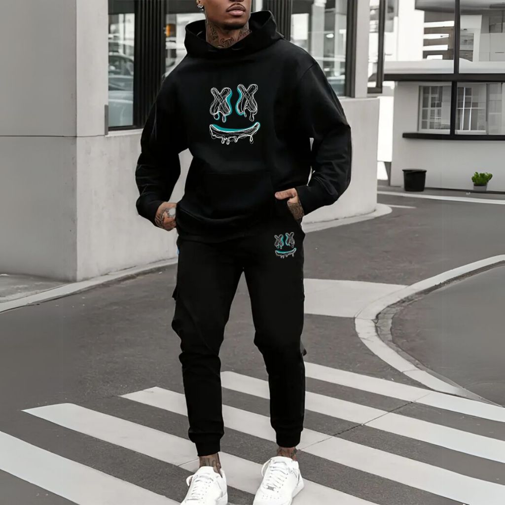 Conjunto 2 Peças Moletom Agasalho C/Capuz + Calça Estilo Jogger Algodão Flanelado Moda Inverno Casual