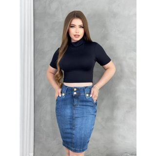 Saia Jeans Lapela Botões Mídi Cintura Alta Evangélica Com Elastano em Oferta na Shopee