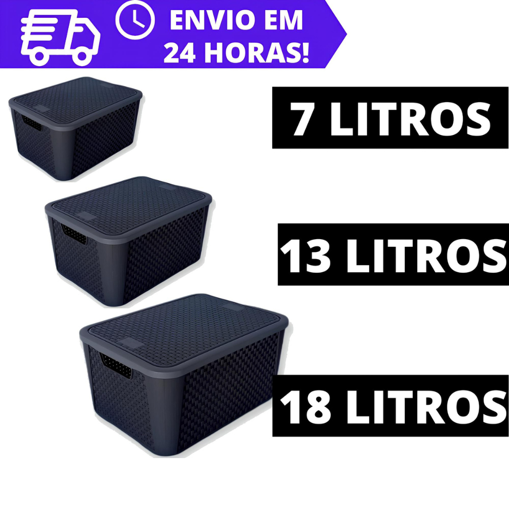 Kit 3 Caixas Organizadora Rattan REFORÇADA - 7L, 13L E 18L
