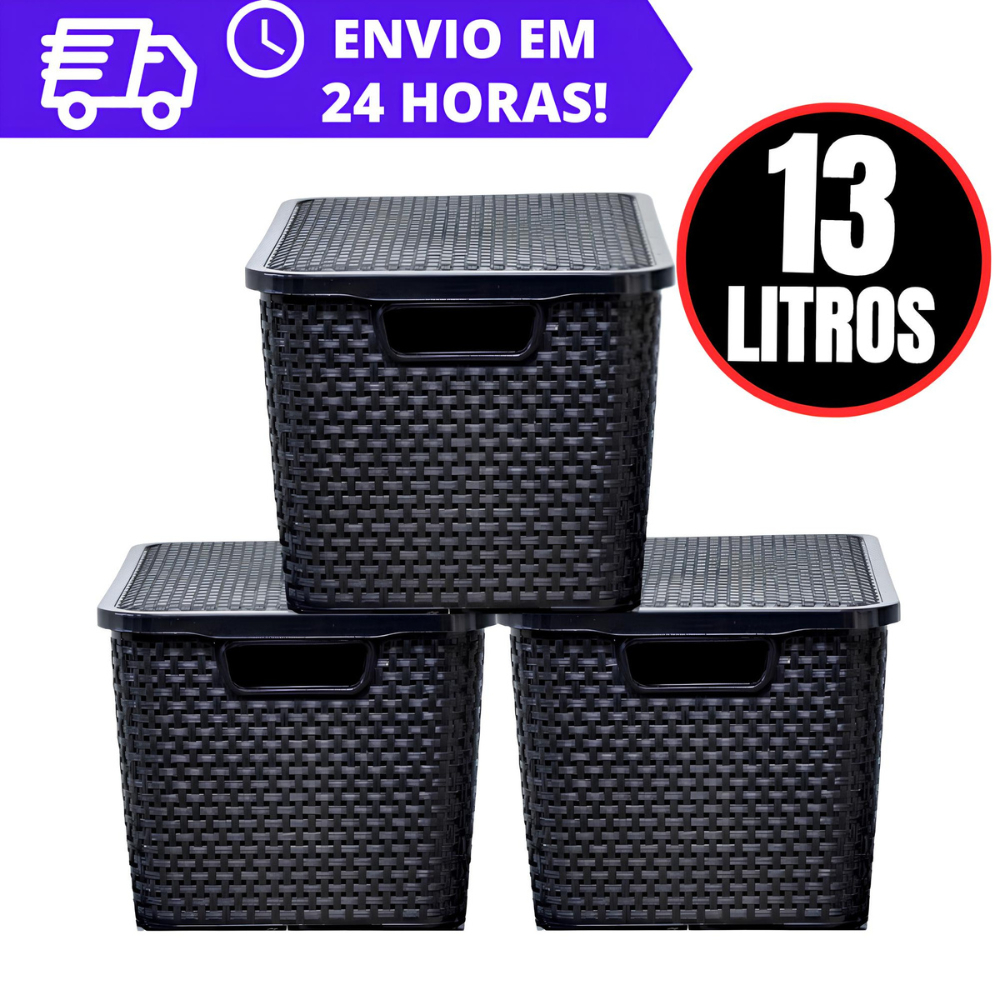 Kit 3 Caixas Organizadora Rattan REFORÇADA - 13 LITROS