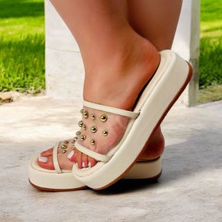 Sandália plataforma  transparente com bolas com tela e tule  confortável  sola alta tamanco lançamento Modelo Monalisa em Oferta na Shopee