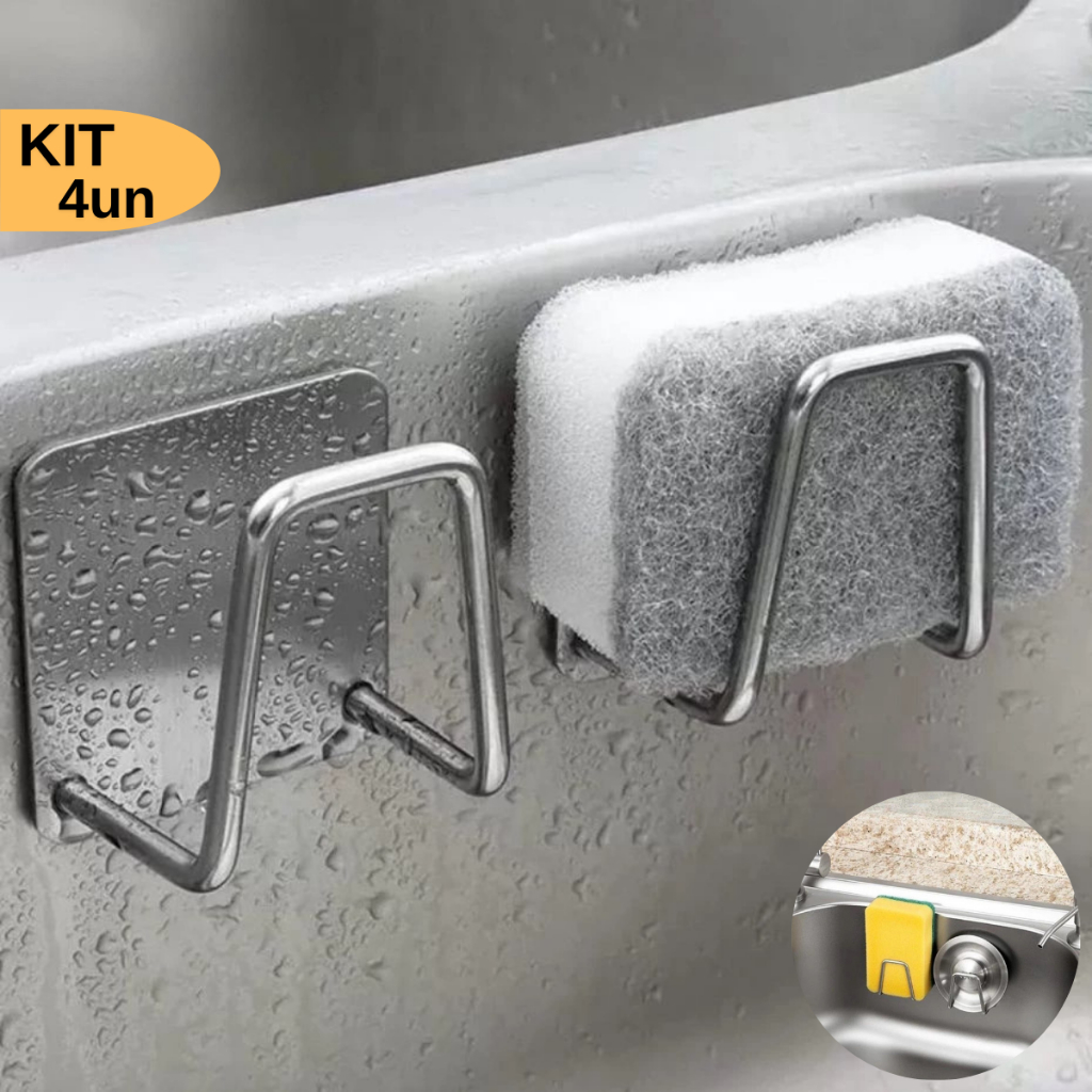 Kit 4un Gancho Suporte Porta Esponja Aço Inox Adesivo para Pia Parece Cozinha Premium