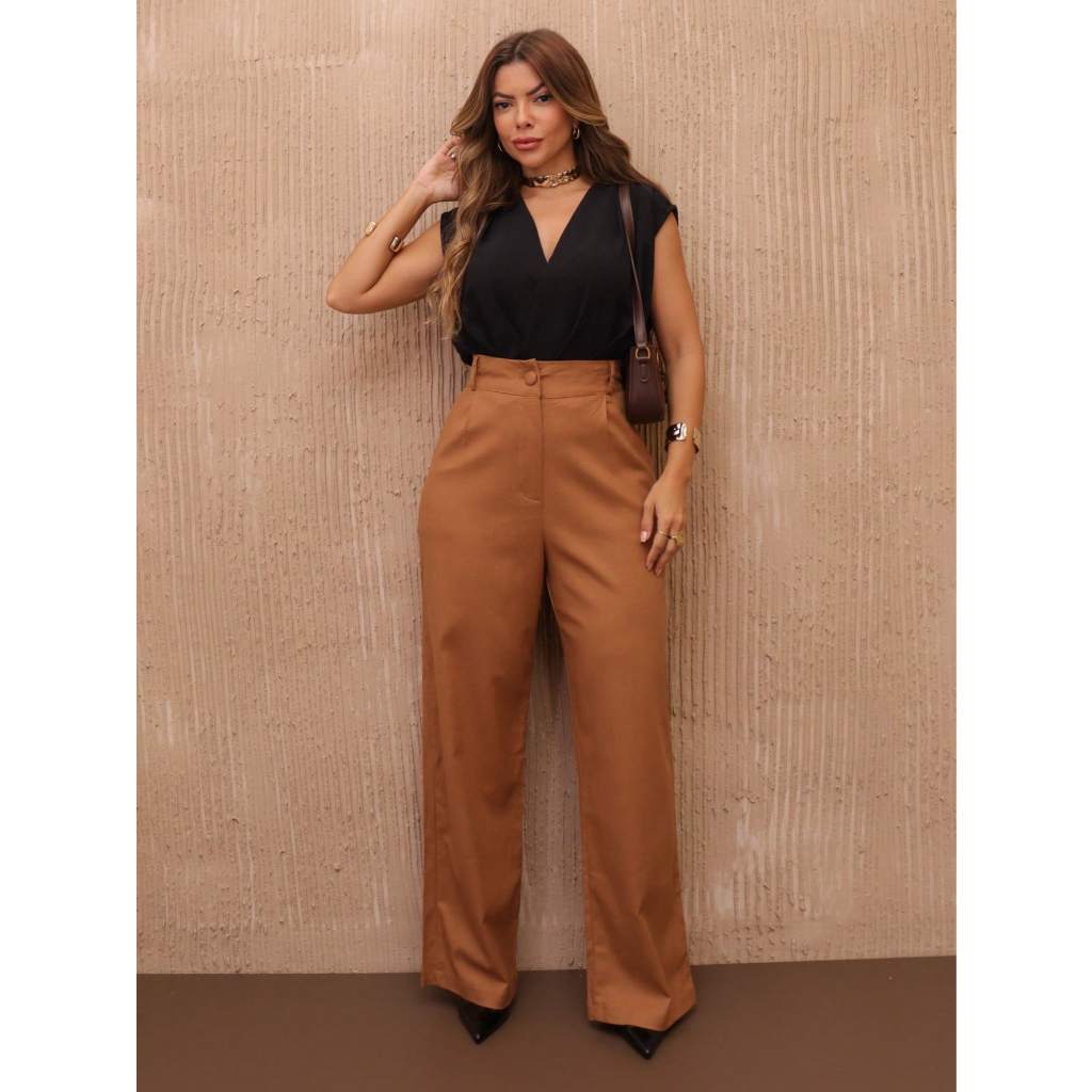 Calça Pantalona Feminina Linho Social cintura alto com botoes e com ziper e bolso aberto sem cinto Bolso nas costas P M