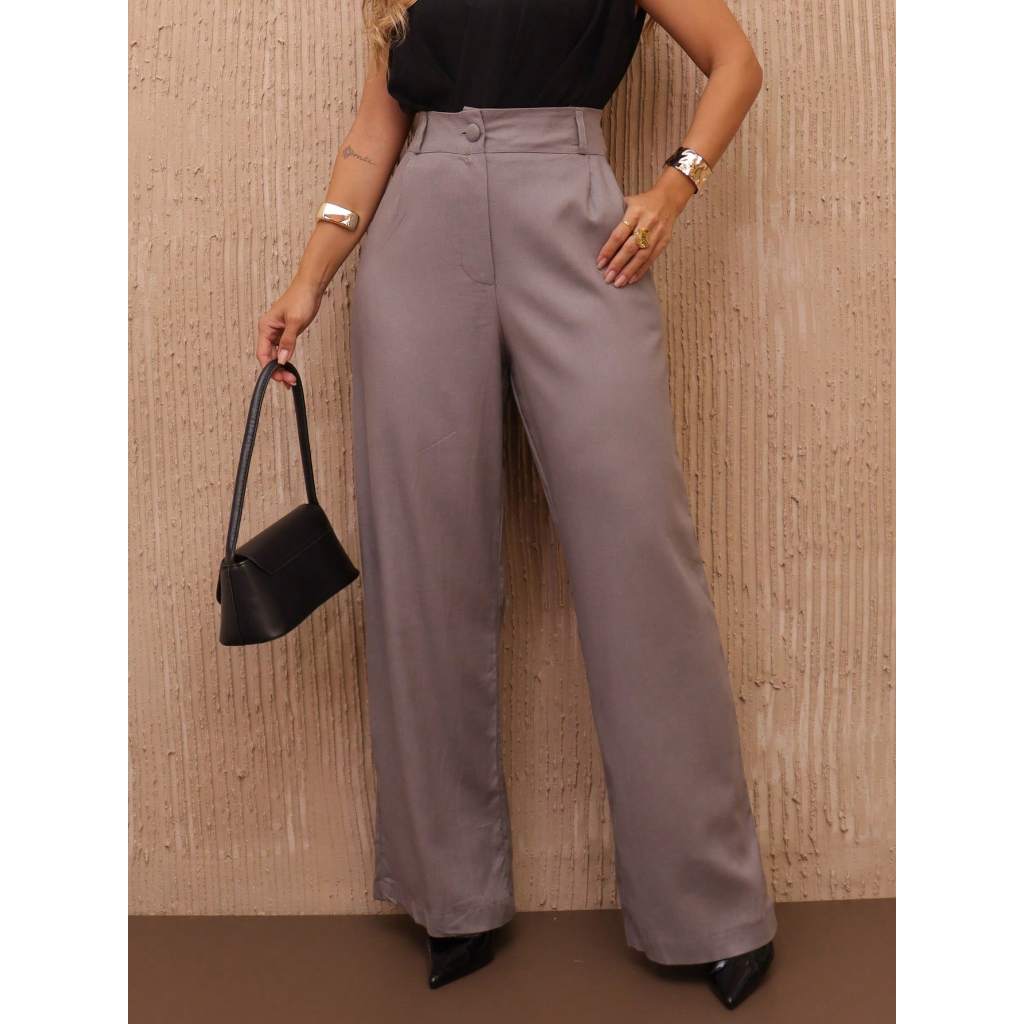 Calça Pantalona Feminina Linho Social cintura alto com botoes  e com ziper e bolso aberto sem cinto Bolso nas costas P M em Oferta na Shopee
