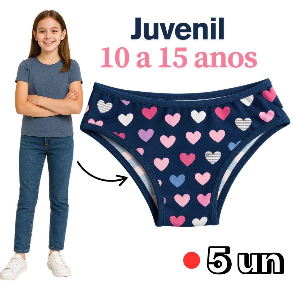 Kit 5 Calcinhas Juvenil Para Adolescente até 15 Anos Forro 100% Algodão