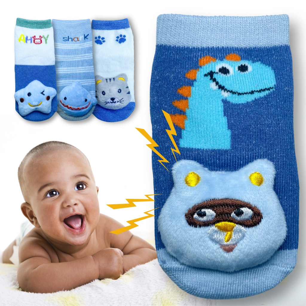 Kit 3 Pares Meia Bebê Menino Presente RN 0 a 24 meses Antiderrapante com Pelúcia