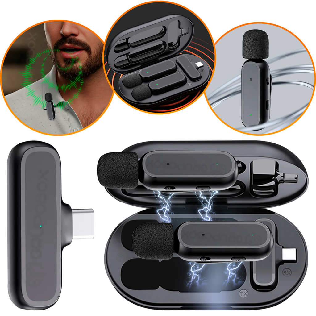 Microfone Lapela Duplo Sem Fio Case Recarregavel Tipo C Anti Ruido Vlog Gravação Profissional