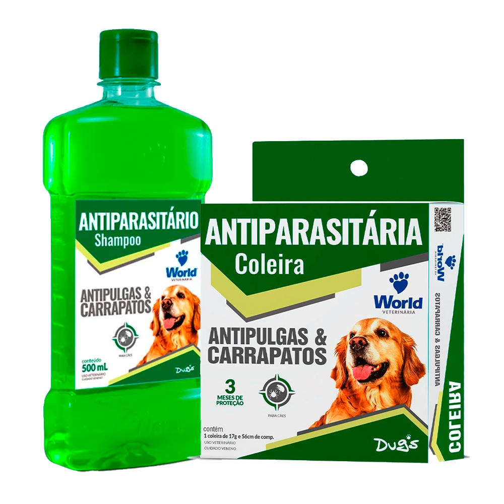 Kit Antiparasitário Dug’s World Para Cães Shampoo 500ml + Coleira 56cm em Oferta na Shopee