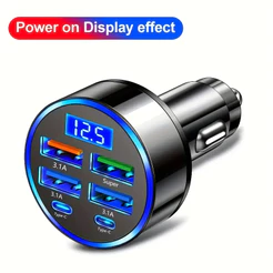 Carregador veicular turbo 6 portas USB Tipo C Display com voltagem