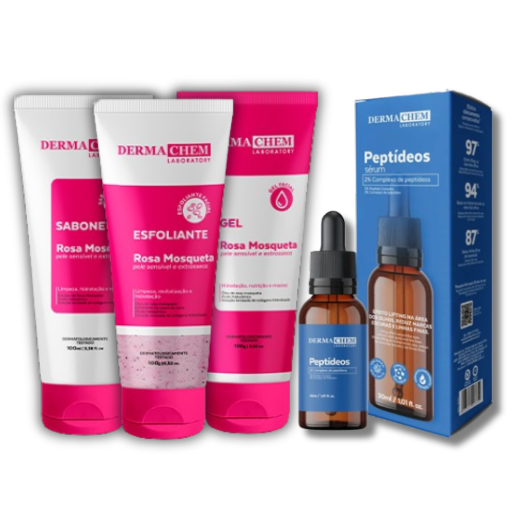Kit Skincare Rosa Mosqueta Dermachem + Serum Peptideos Anti Idade Efeito Lifting Dermachem