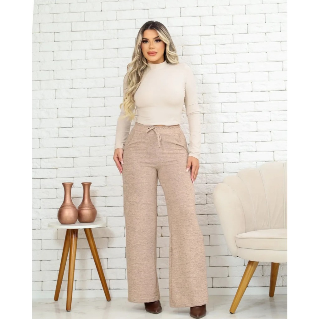 Calça Lanzinha  Pantalona Cós Largo wide leg Cintura Alta elástico na cintura para o inverno