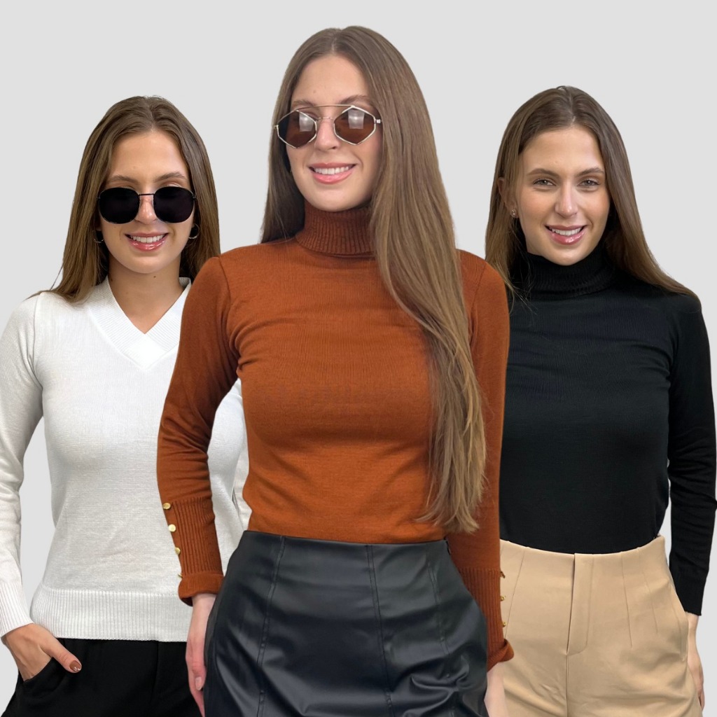 Kit 3 Blusa Feminina de Frio Tricô Gola Alta Suéter Decote V Manga Longa Botão Lã