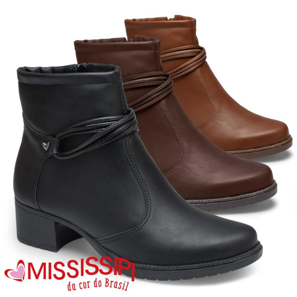 Bota Mississipi cano curto original feminina conforto casual salto bloco dia a dia ziper d...