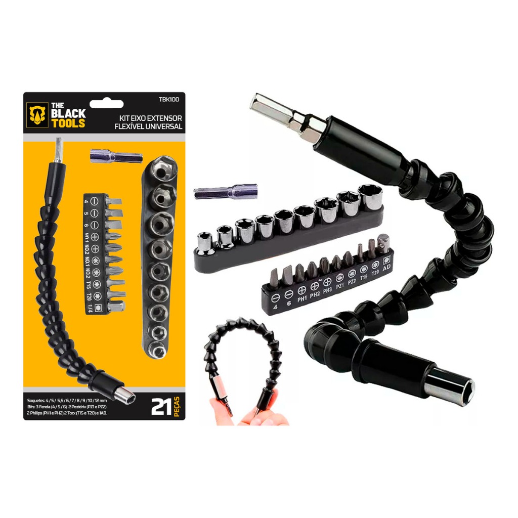 Cabo Extensor Flexível Para Parafusadeira Eixo Alongador Kit The Black Tools - Home & Living