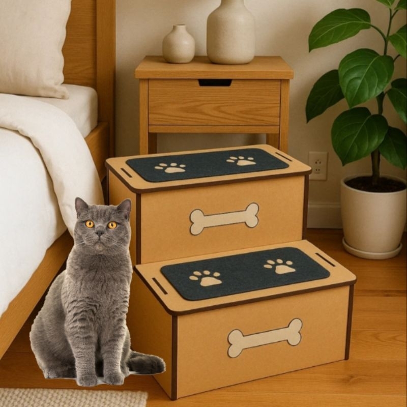 Escada Escadinha Pet 2 Degraus madeira 4mm MDF antiderrapante para cachorro e gato 30 cm de altura p/ cama e sofá