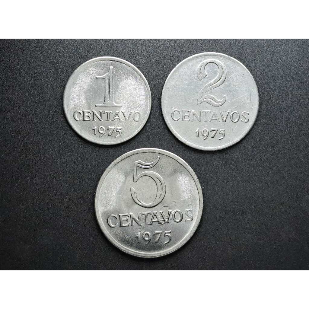 Moedas de 1, 2 e 5 centavos de 1975, em ótimo estado de conservação, aço inoxidável em Oferta na Shopee