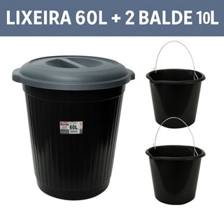 Lixeira de Plástico 60 Litros + 2 baldes 10 Litros Cesto Organizador Lixo Roupa Suja Brinq...