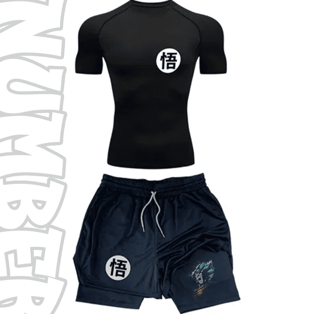 Kit Camiseta Apertada Academia e Short Compressao 2  em 1 dragon ball Alta Performance Masculina