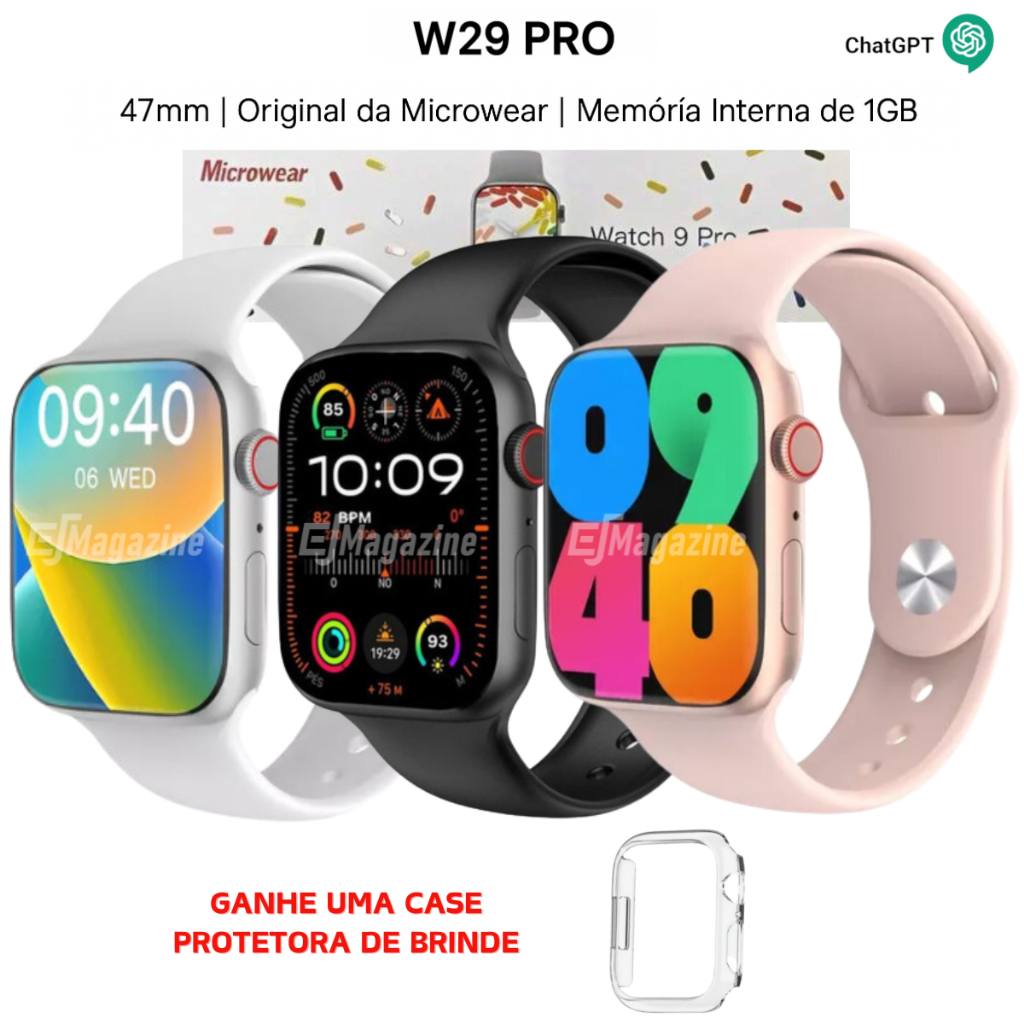 Relógio Smartwatch W29 Pro Series 9 Feminino Masculino Original Microwear 47mm Memória 1GB ChatGPT