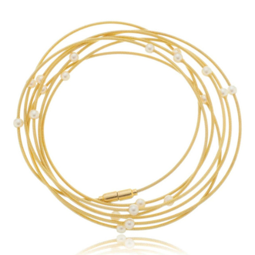 Pulseira Corda de Violão com Perolas Banhado a Ouro
