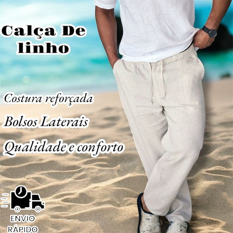 Calça Baggy Folgada Em Linho Masculino Feminino Moda Praia Casual Look Descolado