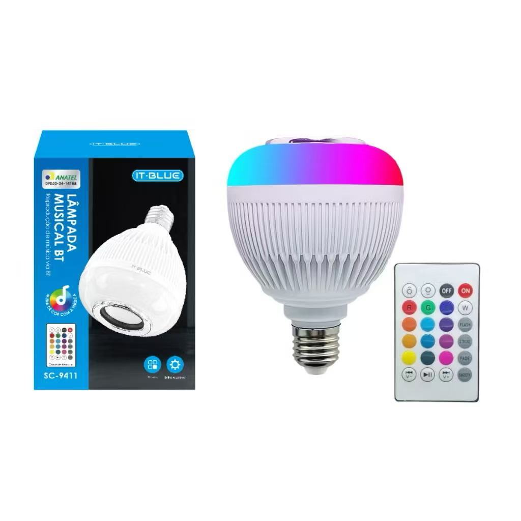 Lâmpada LED Bluetooth RGB 12W com Caixa de Som + Controle Remoto E27 Luz Colorida Musical Sem Fio