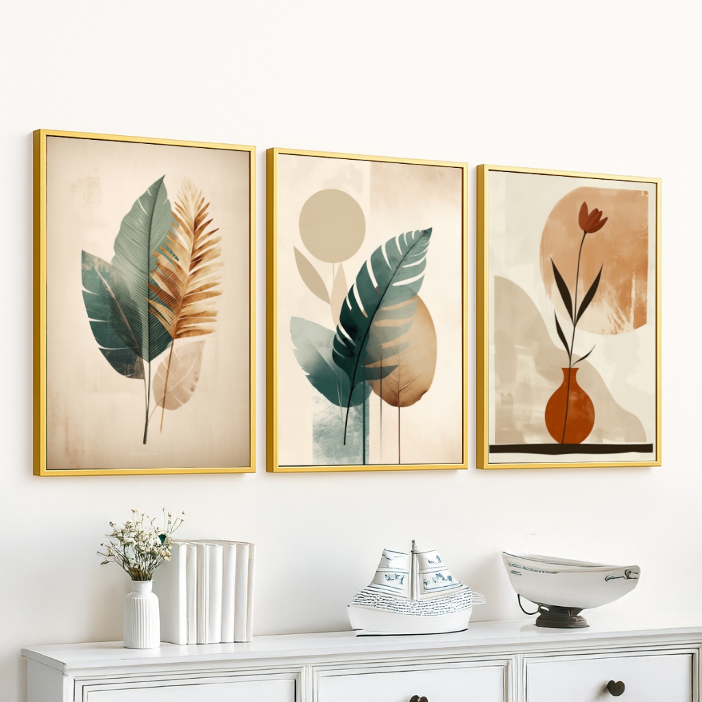 Kit 3 Quadros Decorativos Folhagem Abstrata Moldura 40x60 Com Vidro Moderno Sala Quarto Escritório