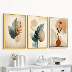 Kit 3 Quadros Decorativos Folhagem Abstrata Moldura 40x60 Com Vidro Moderno Sala Quarto Escritório