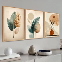 Trio Quadros Decorativos Com Vidro Moldura Folhagem Abstrata 50x70 Moderno Sala Quarto Escritório