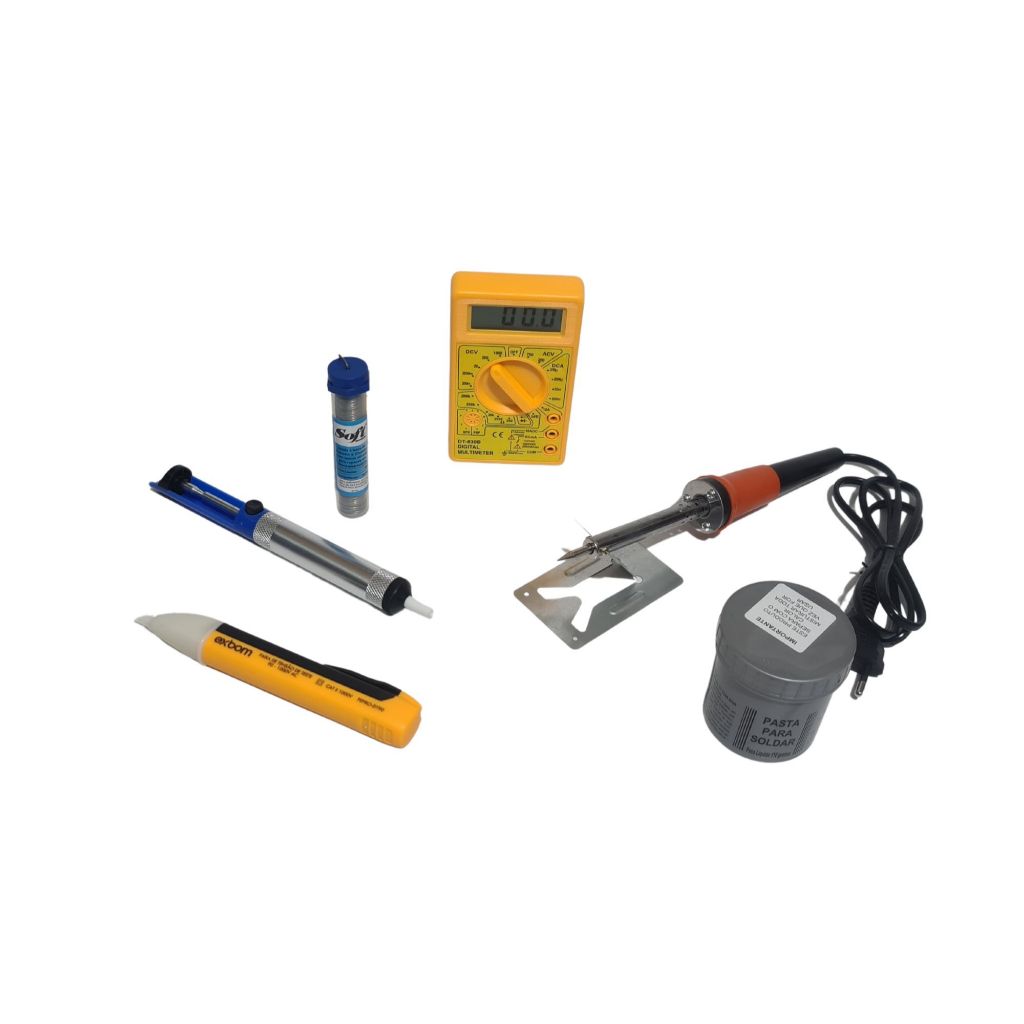 kit ferro de solda 60w 220v + multimetro + caneta teste + estanho + pasta + sugador de solda