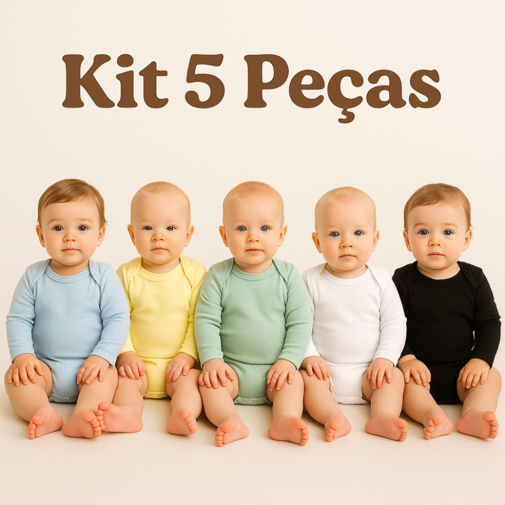 Body Bebê Manga Longa Liso Kit 5 Peças Masculino 100% Algodão