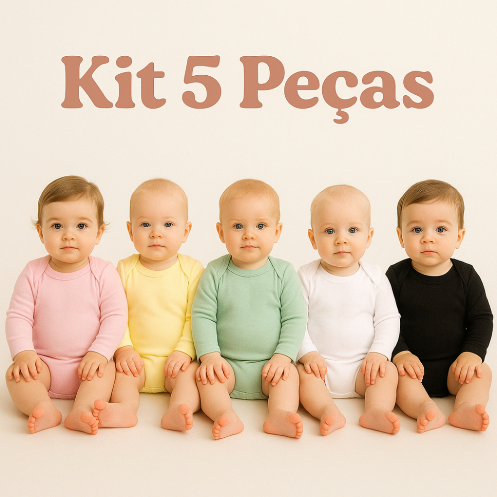 Body Bebê Manga Longa Liso Kit 5 Peças Feminino 100% Algodão