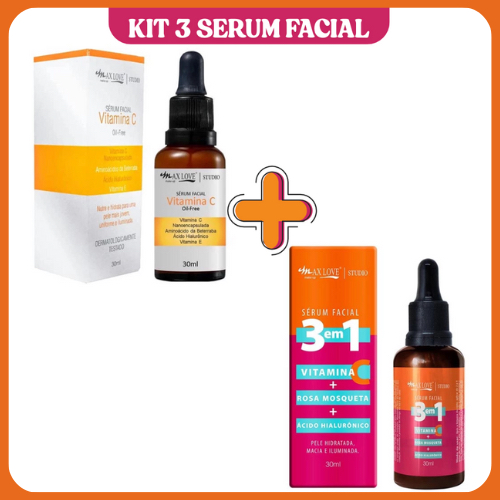 Kit c/ Sérum Facial Vitamina C e Sérum Facial 3 em 1 MAX LOVE 30ml