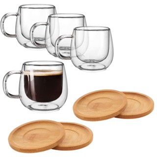 Conjunto De Xicara Vidro Duplo Com Pires Caneca Parede Dupla 4un 80ml em Oferta na Shopee