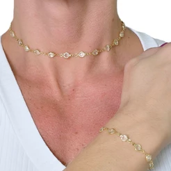kit colar+pulseira bolinhas transparentes folheado a ouro 18k e prata 925