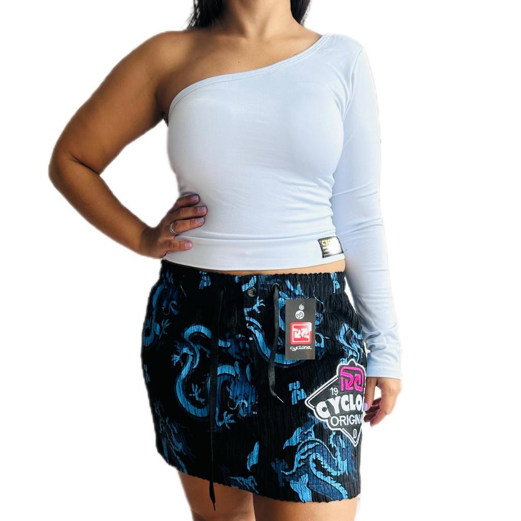 Conjunto Saia Cyclone Estampada Veludo + Cropeed Branco